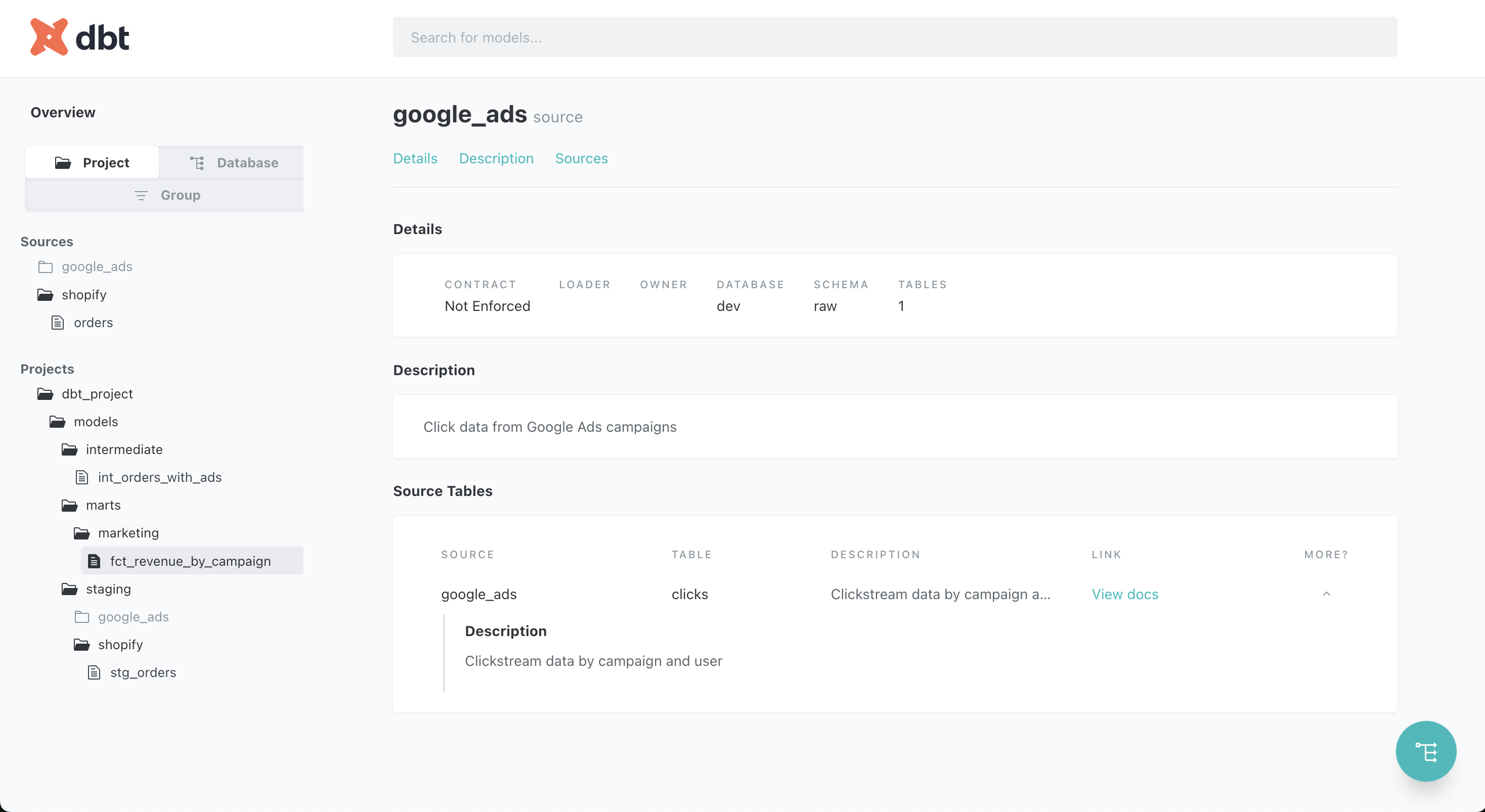 dbt docs for Google Ads source